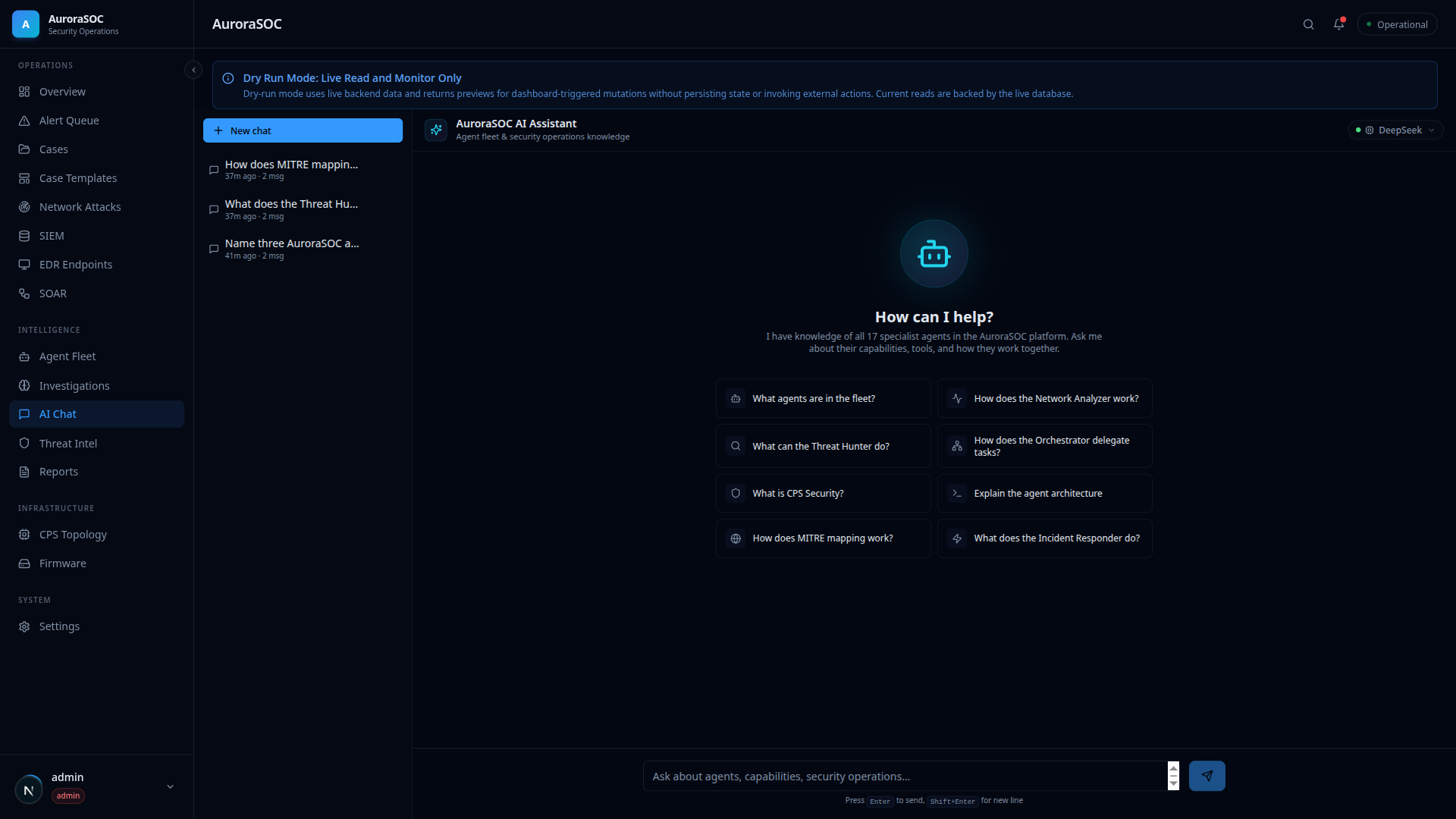 AuroraSOC AI Chat answering a SOC question with severity and MITRE ATT&amp;CK mapping